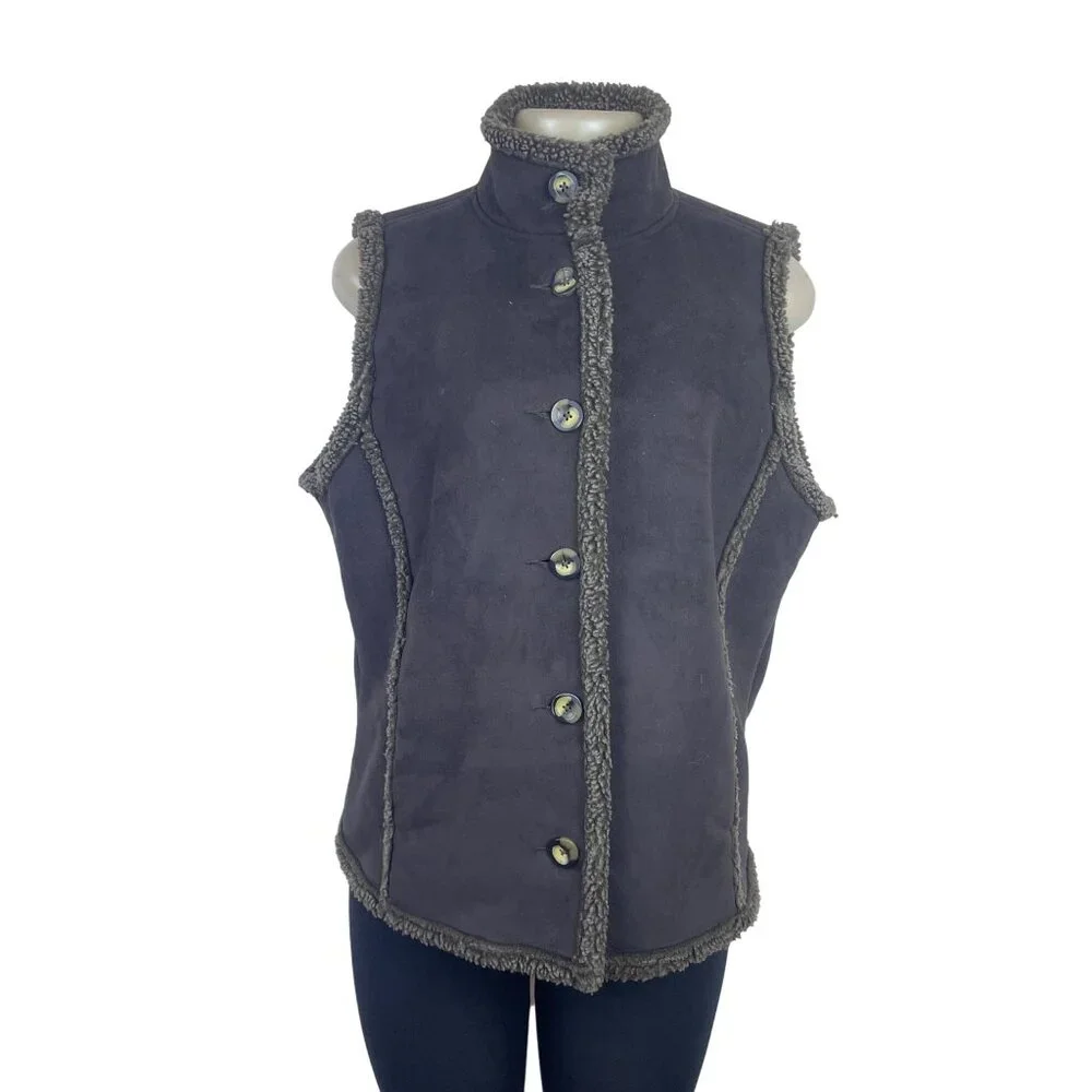 L.L. Bean Women's Gray Sherpa Lined & Sleeveless Button Front Vest Sz M - Picture 2 of 10